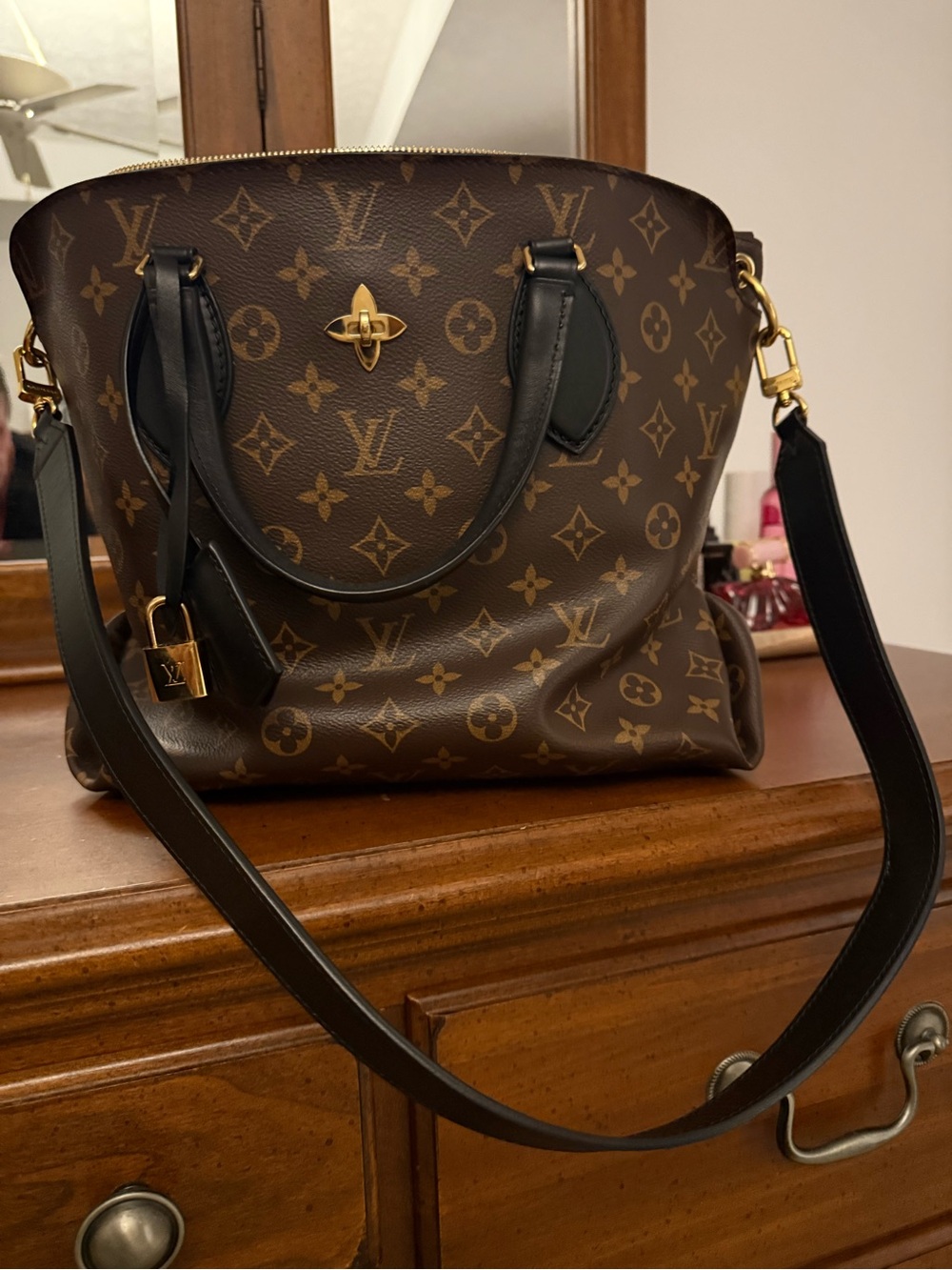 Louis Vuitton Brown Monogram Canvas Shoulder Bag with Black Trims